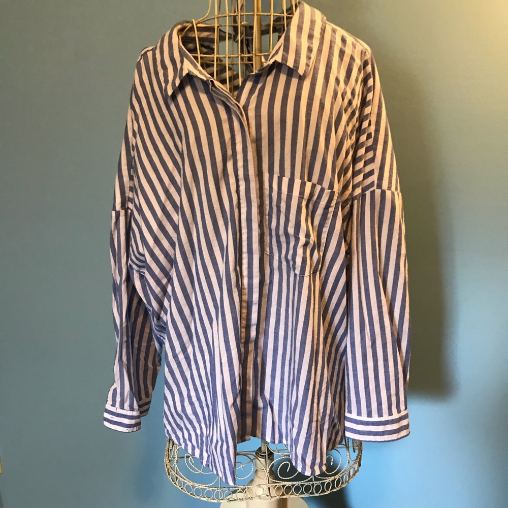 Curve Appeal Button Down Striped Oversized Blouse